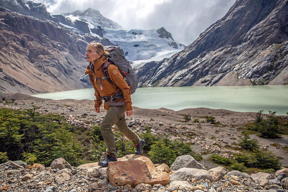 Gregory Facet 55 backpacking pack (hiking uphill near glacier)