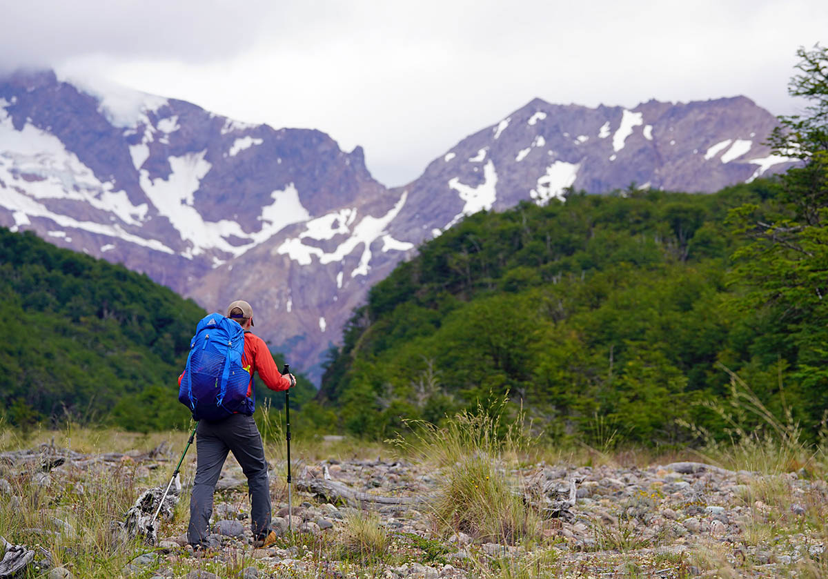 Gregory Optic 58 backpacking pack (backpacking along river valley)