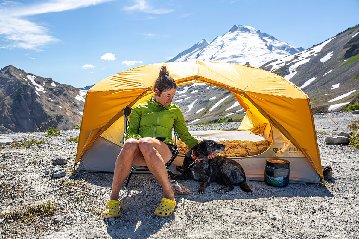 Nemo Aurora 3P tent (sitting outside tent with dog)