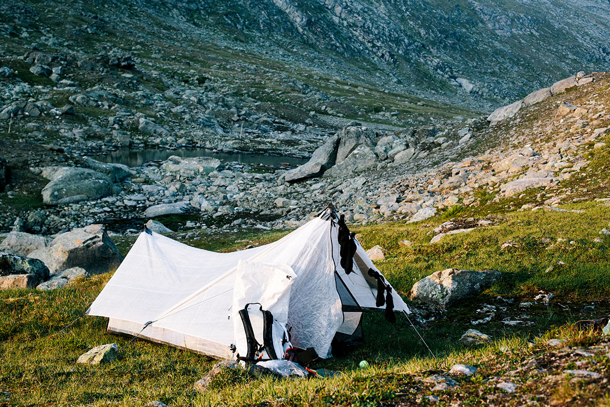One-person tent (Hyperlite tent set up in mountains)