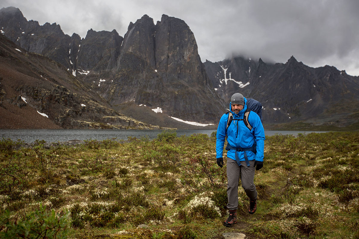 Patagonia Torrentshell 3L rain jacket (hiking by alpine lake)