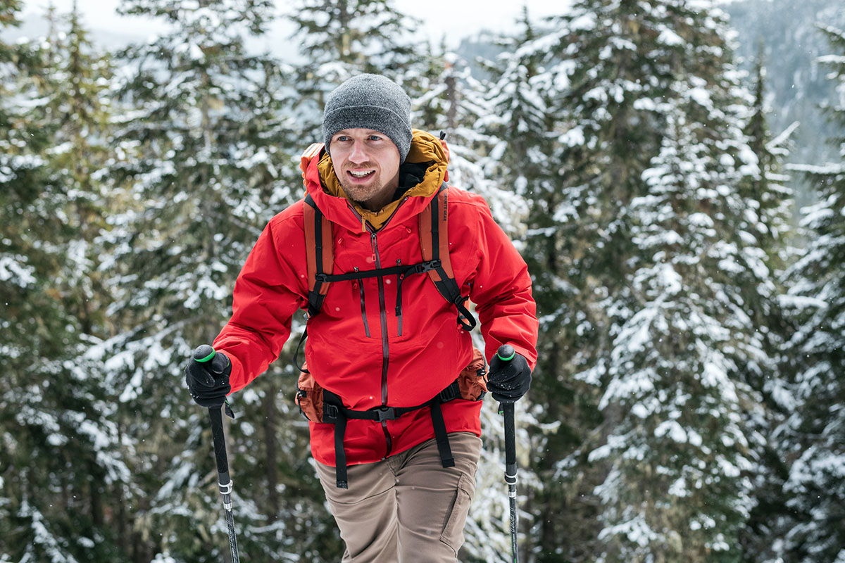 Patagonia Triolet hardshell jacket (hiking in snowy forest)