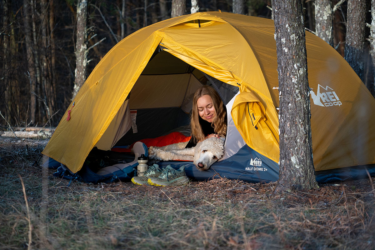 REI Co-op Half Dome 2 Plus tent (smiling with dog)