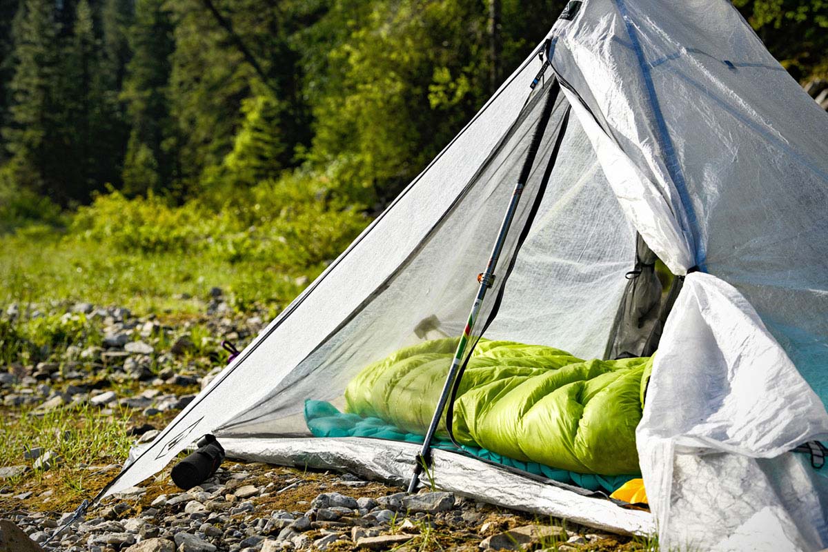 Ultralight sleeping bag (Feathered Friends bag inside ultralight tent)