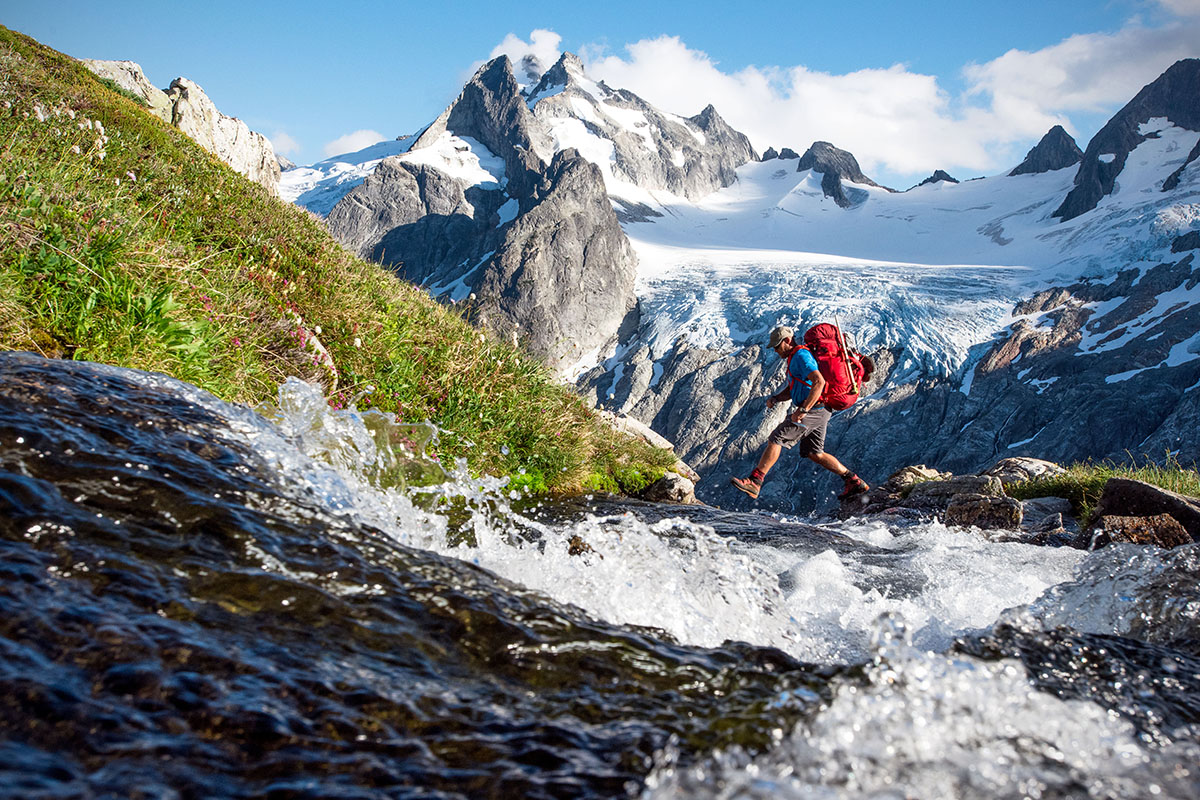 Waterproof hiking footwear (crossing mountain stream)