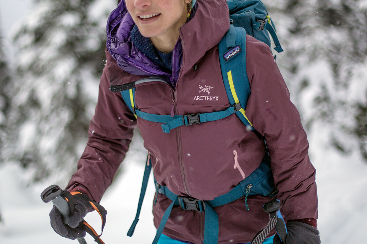 Wearing Arc'teryx Beta FL hardshell jacket while backcounty skiing