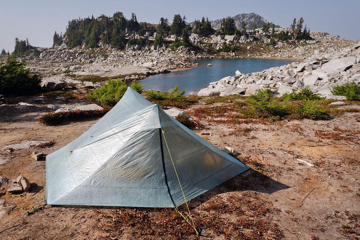 Zpacks Duplex Zip trekking-pole tent (pitched above lake)