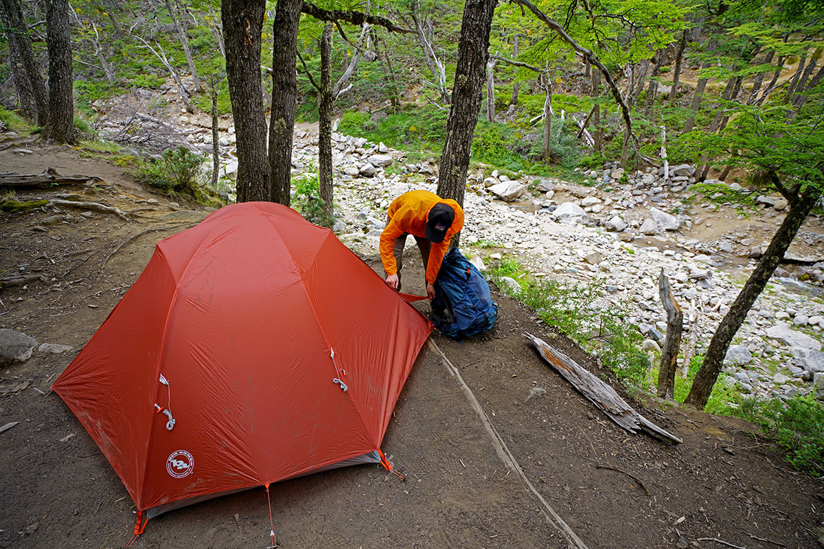 Big Agnes Copper Spur backpacking tent (setting up in forest)