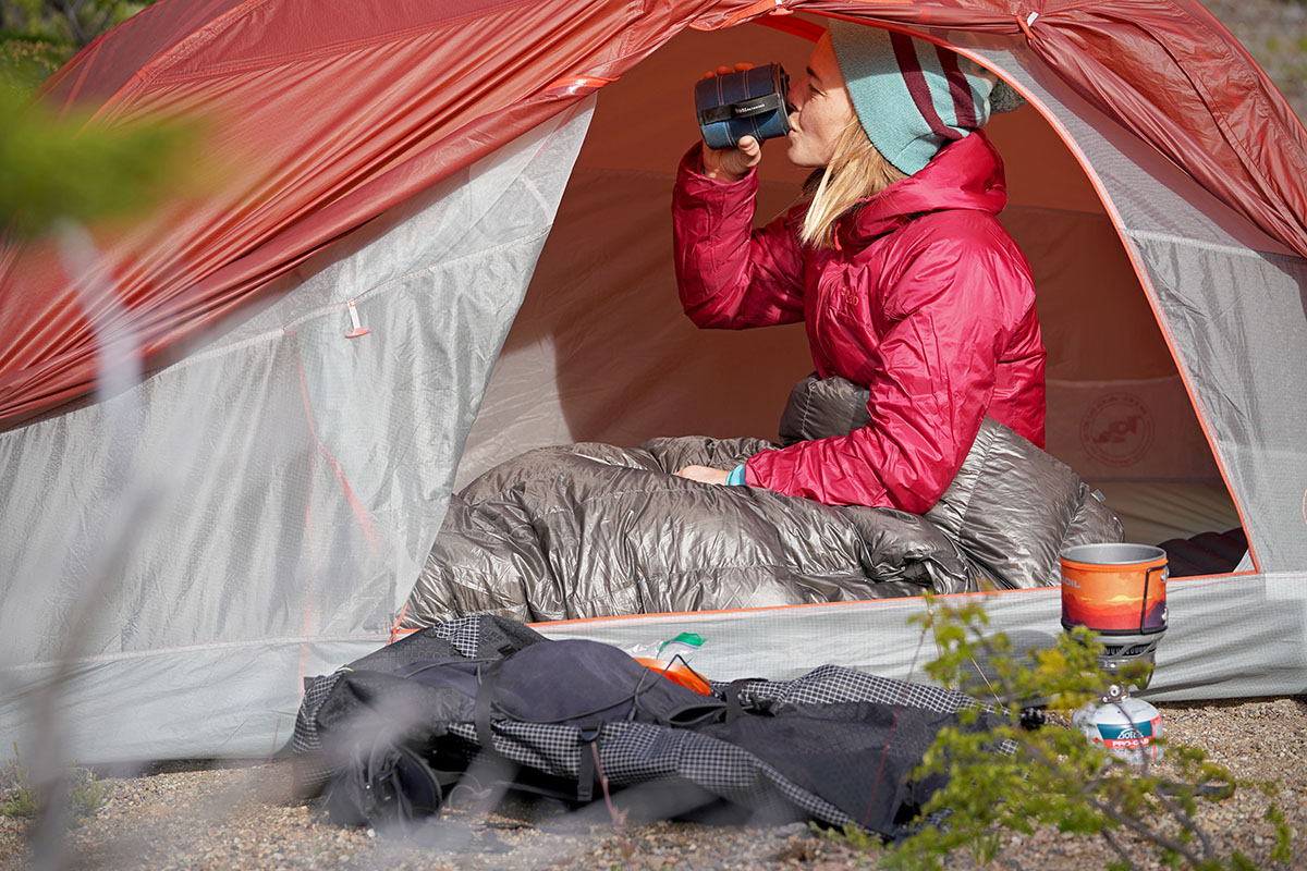 Big Agnes Copper Spur backpacking tent (drinking coffee)