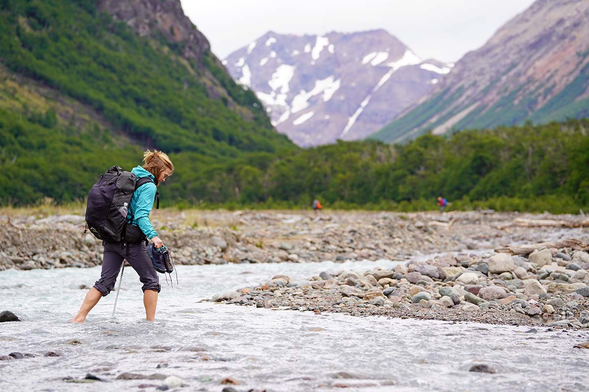 Black Diamond Alpine Start Hoody (crossing a river barefoot in mountains)