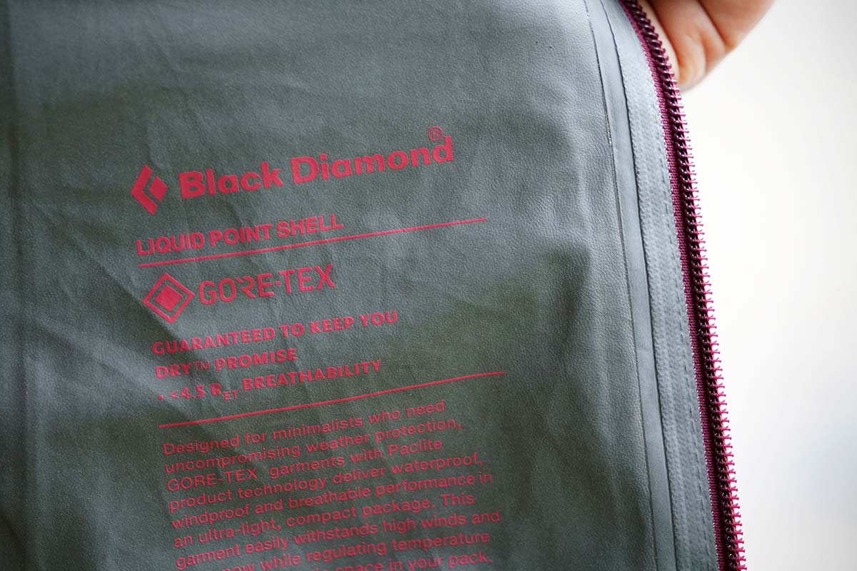 Black Diamond Liquid Point rain jacket (Gore-Tex waterproofing label)