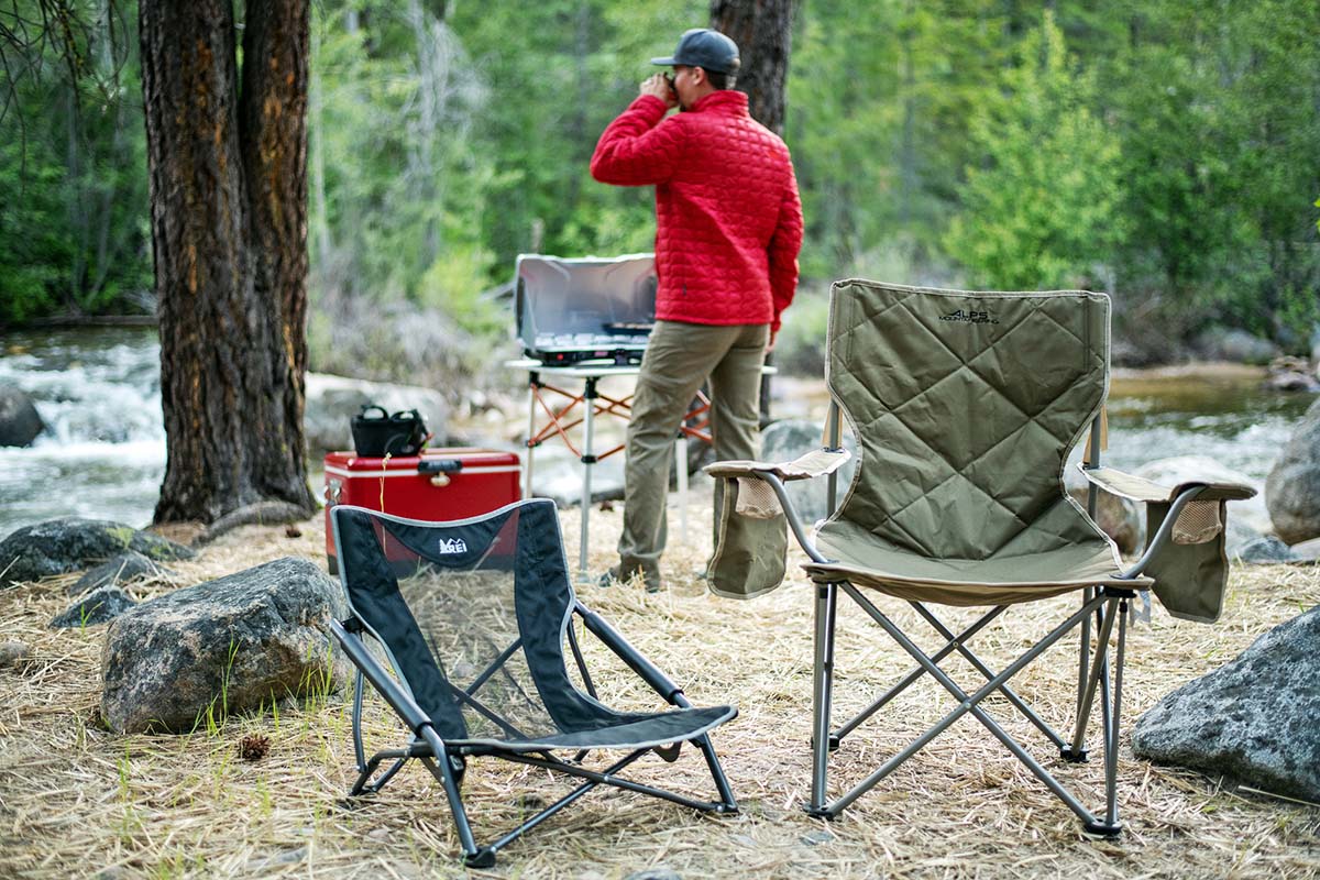 Camp stove (camp chairs and drinking coffee)