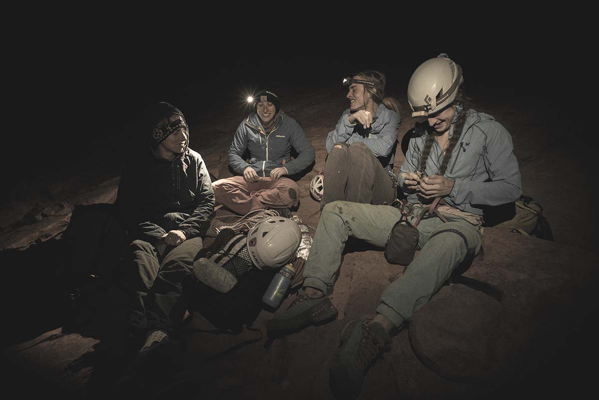 Headlamps on top of Moonlight Buttress in Zion