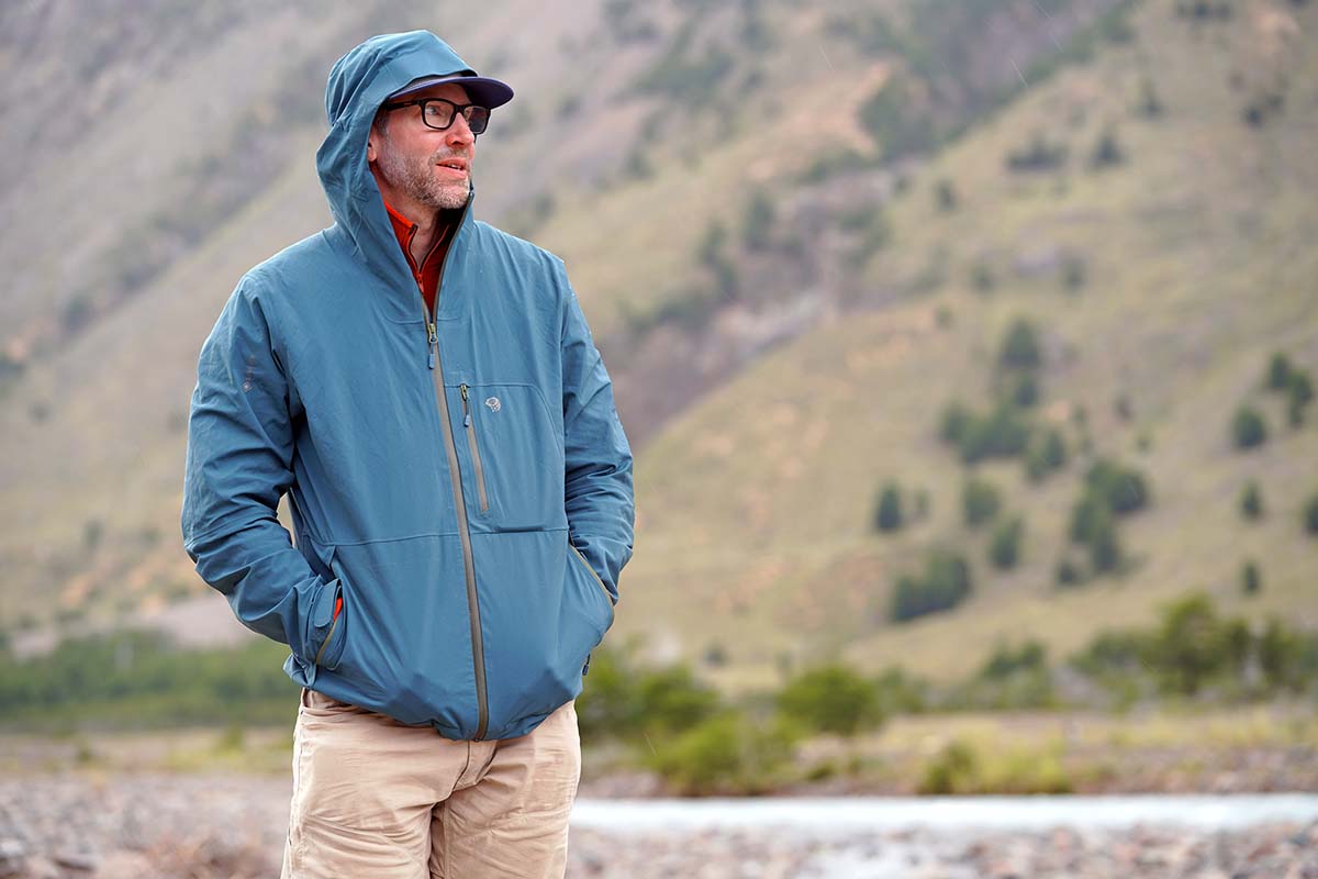 Mountain Hardwear Exposure2 Gore-Tex Paclite Stretch Rain Jacket (standing beside river)