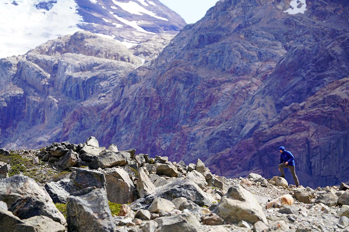 Oboz Bridger Mid Waterproof hiking boots (walking on rocks near glacier)