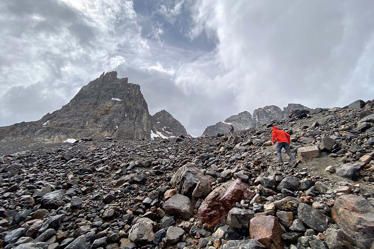 The North Face Summit L5 LT Futurelight hardshell jacket (hiking up talus field)