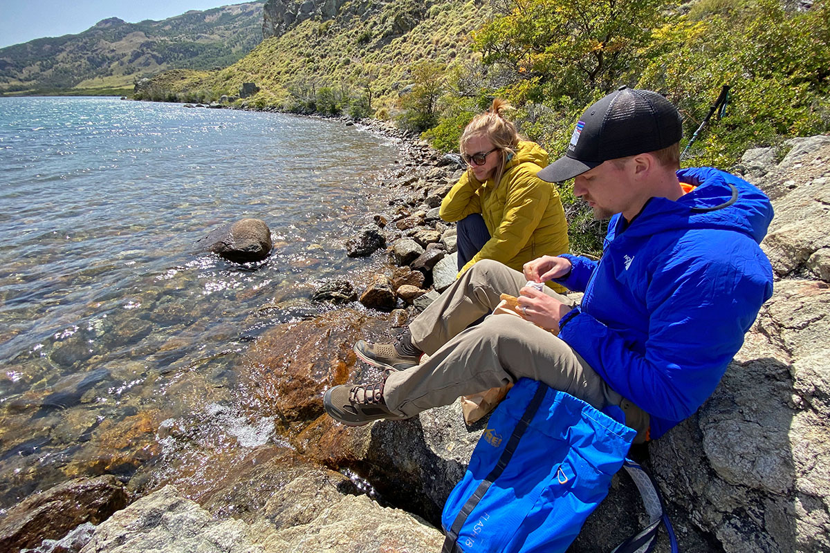 Vasque Breeze AT Mid hiking boots (resting by lake)