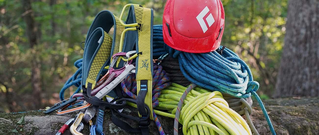 Rock climbing checklist (gear laid out on rock)