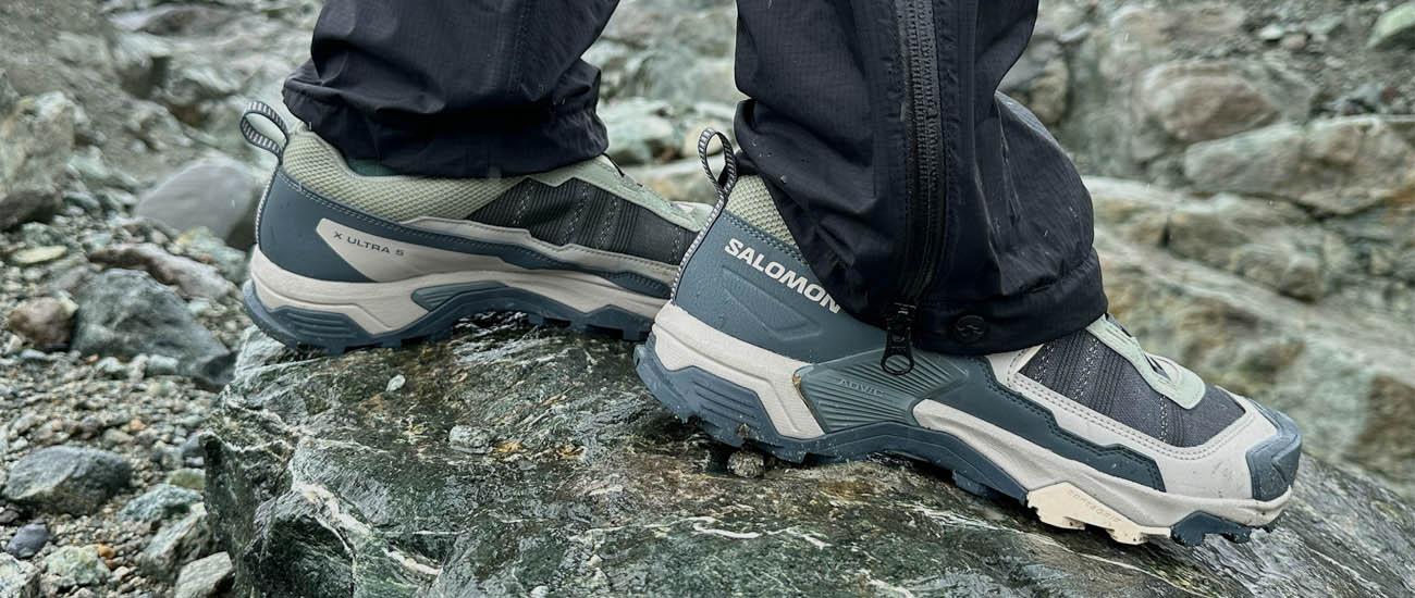 A close up of the Salomon X Ultra 5 GTX on a slick rock