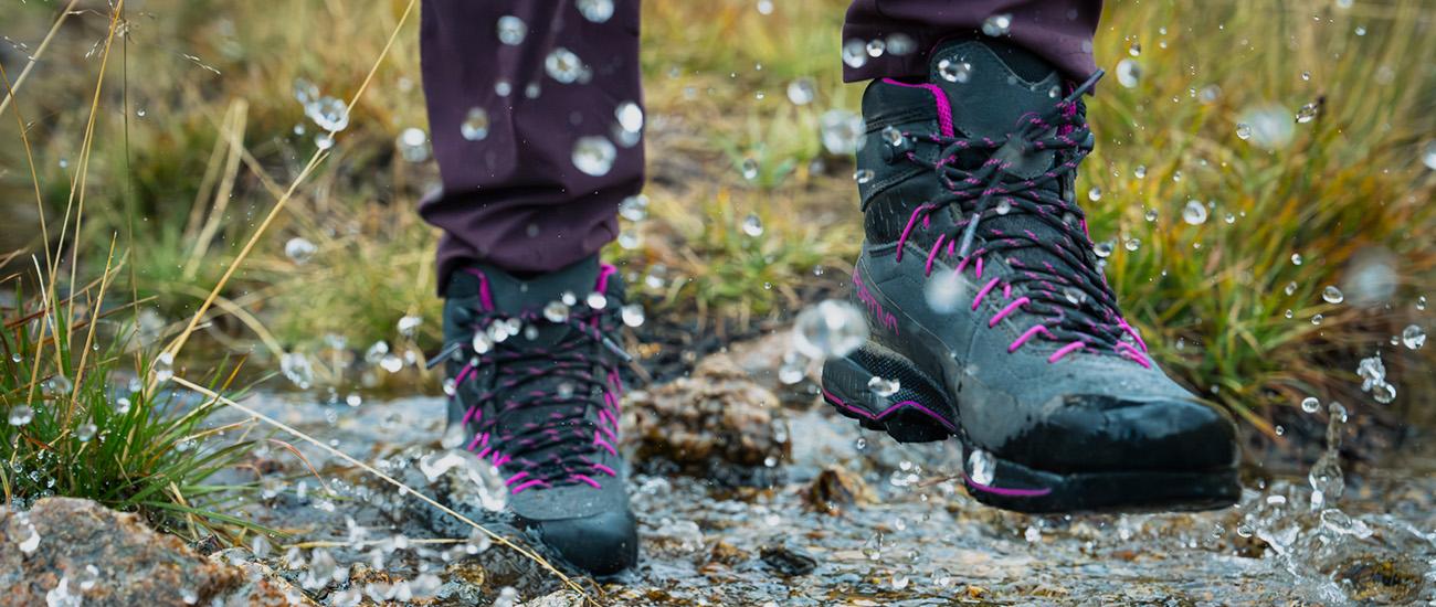 Women's hiking boots (La Sportiva boots splashing in water)