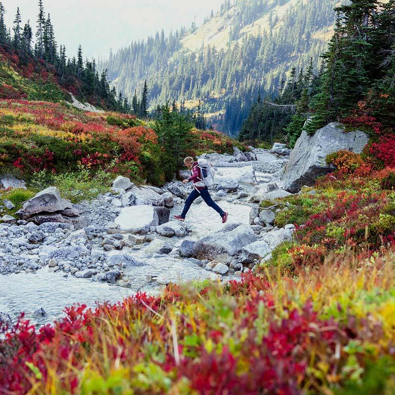 Fall hiking gear essentials (crossing stream with fall colors)