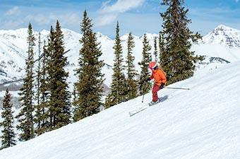 All-mountain ski (turning with mountain background)