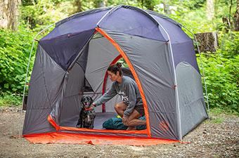 Big Agnes Big House 6 camping tent (sitting in tent with dog)
