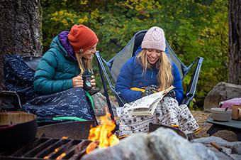 Camping blankets (Therm-a-Rest and Kelty blankets by the campfire)