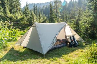 The Durston X-Mid 2 tent sits out in the sunshine on a backpacking trip