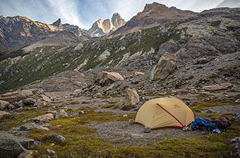 MSR Hubba Hubba backpacking tent (pitched in Patagonia mountains)
