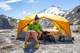 Nemo Aurora 3P tent (sitting outside tent with dog)
