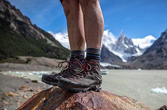 Salewa MTN Trainer Mid GTX hiking boot (standing on rock in Patagonia)