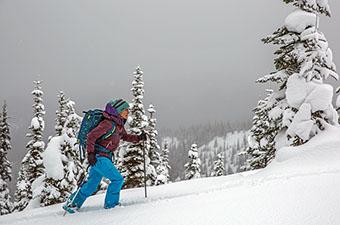 Ski touring in the mountains (wearing the Patagonia Descensionist 40L ski pack)