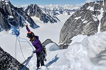 Tossing climbing rope for rappel in Alaska mountains (rope diameter header)