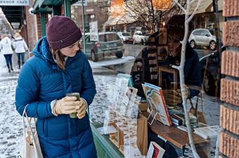 Winter jacket (Patagonia Down With It Parka walking around town)